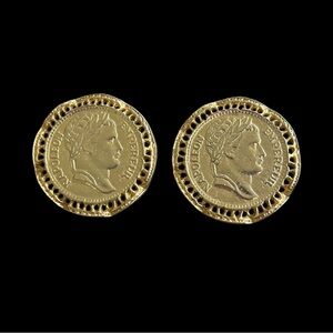 Vintage French Emperor Napoleon Gold Coin Earrings Scallop Edge 1.25" Round